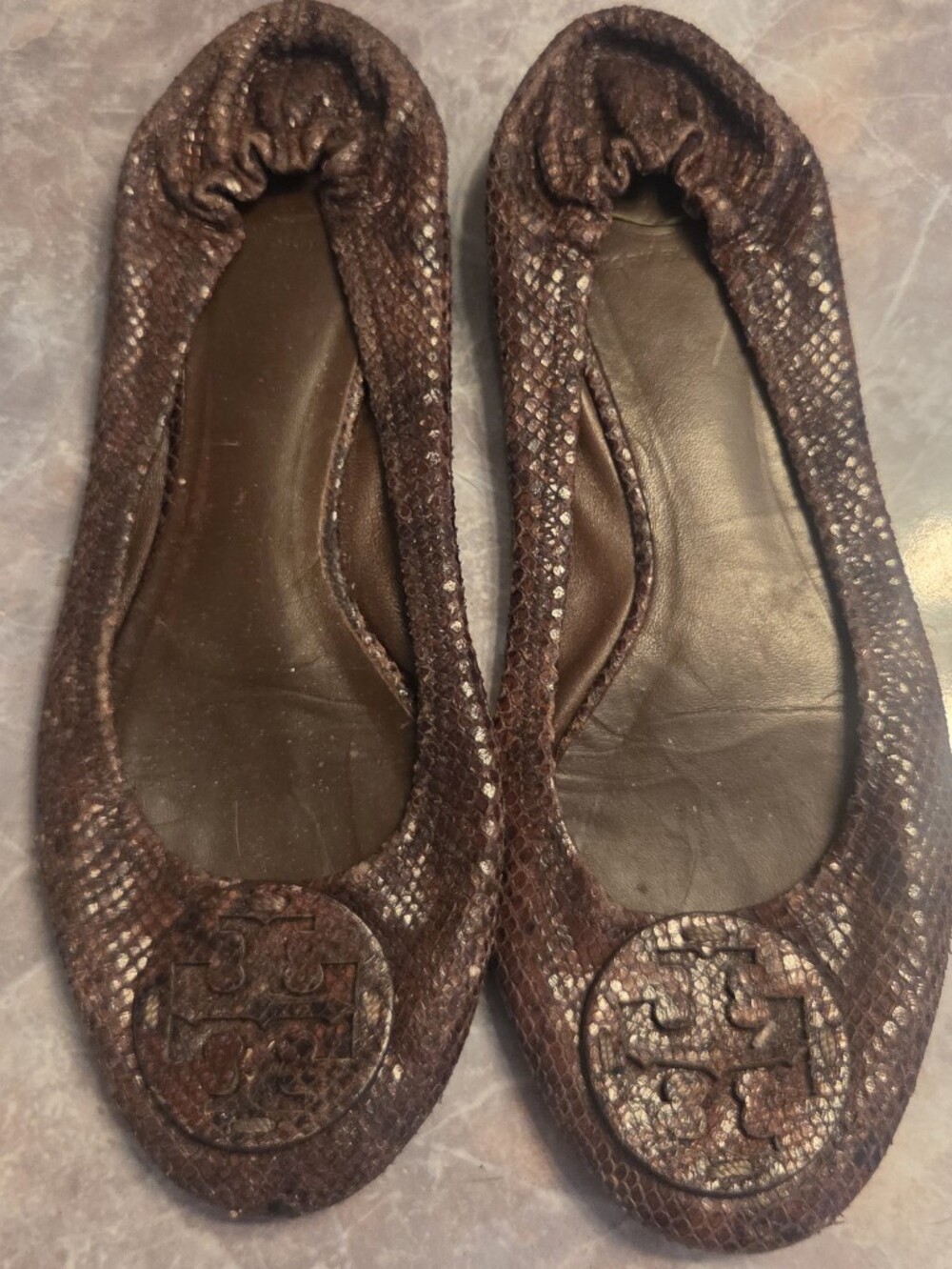 Tory Burch Brown Snakeskin-Effect Elastic-Back Ballet Flats